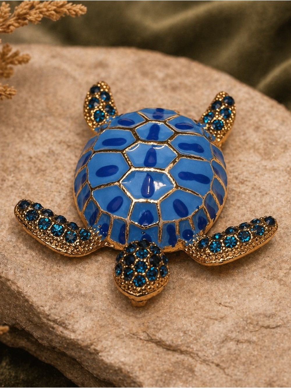 🐢 Ocean Blue Enamel Turtle Brooch Pendant – Rhinestone Accents, NWOT, Petite